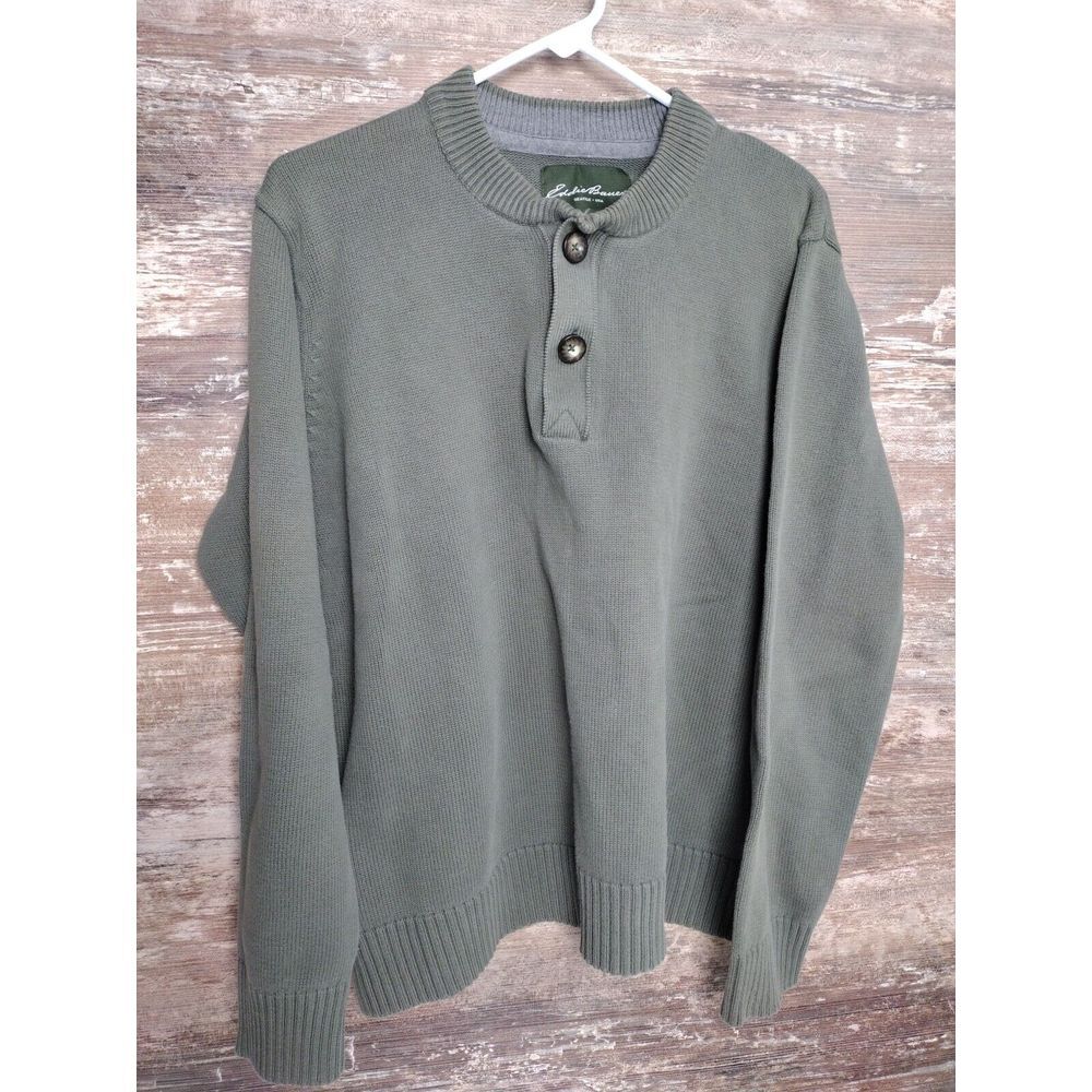 Vintage Eddie Bauer Sweater Size XL Green 1/4 Button Up Knit Combed Cotton USA